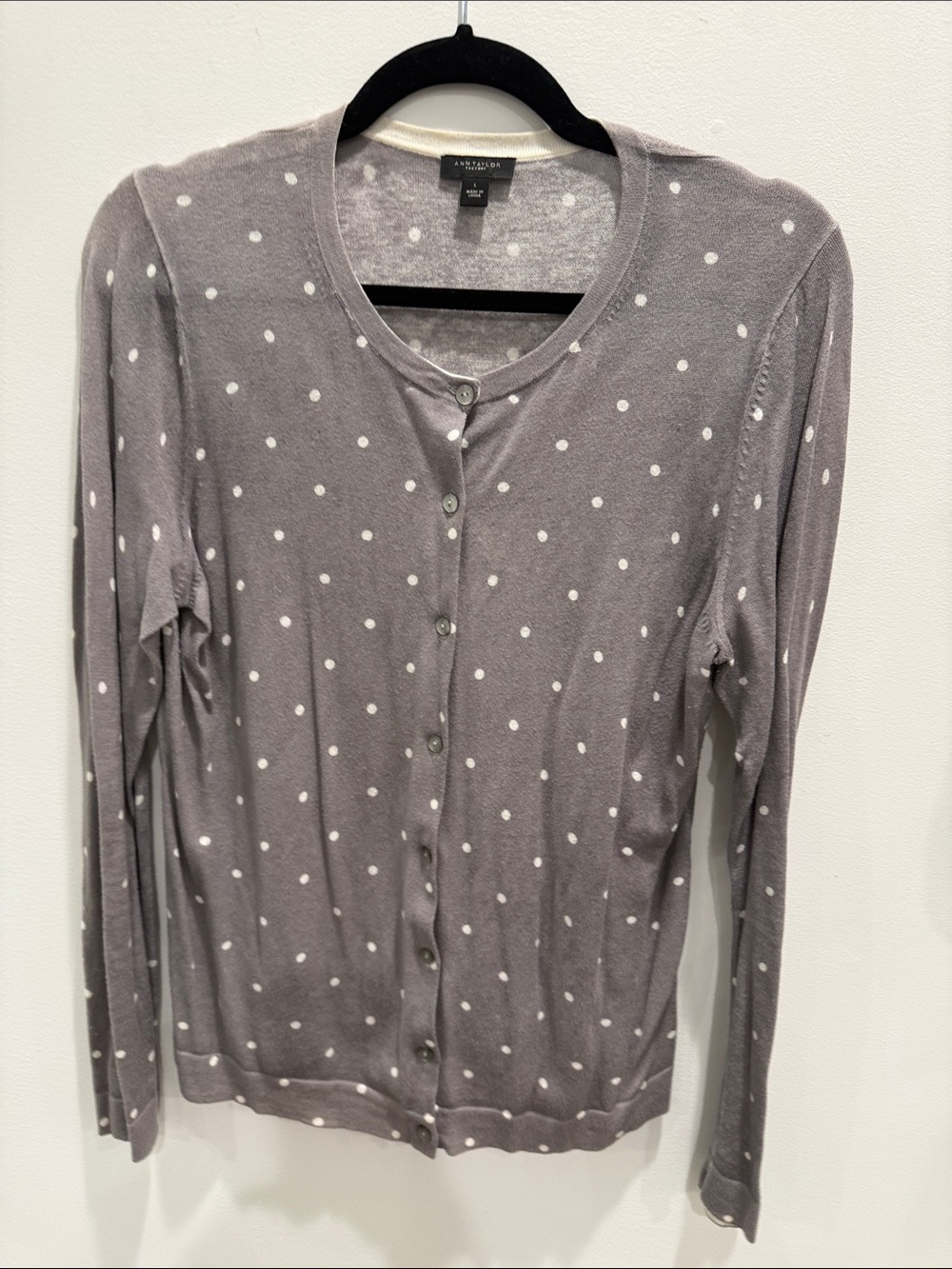 Ann Taylor Gray Polka Dot Button-Front Cardigan
